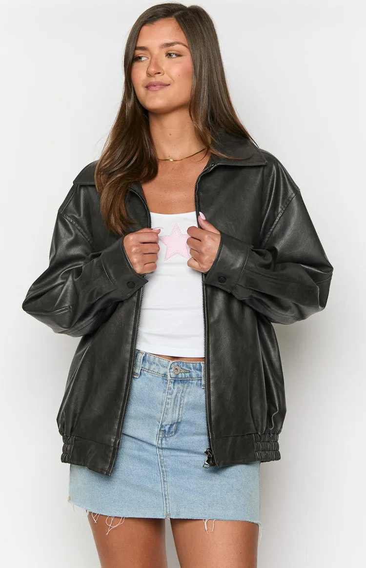 Abbi PU Vintage Black Bomber Jacket