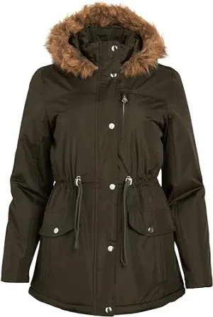 Anorak Long Length Jacket with Faux-Fur Trim Hood Forest