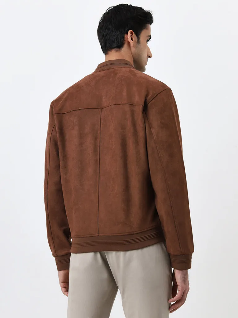 Ascot Brown Faux Suede Relaxed-Fit Bomber Jacket