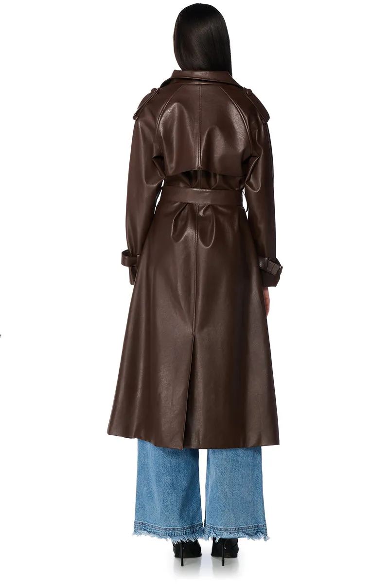 AU REVOIR FAUX LEATHER TRENCH IN BROWN