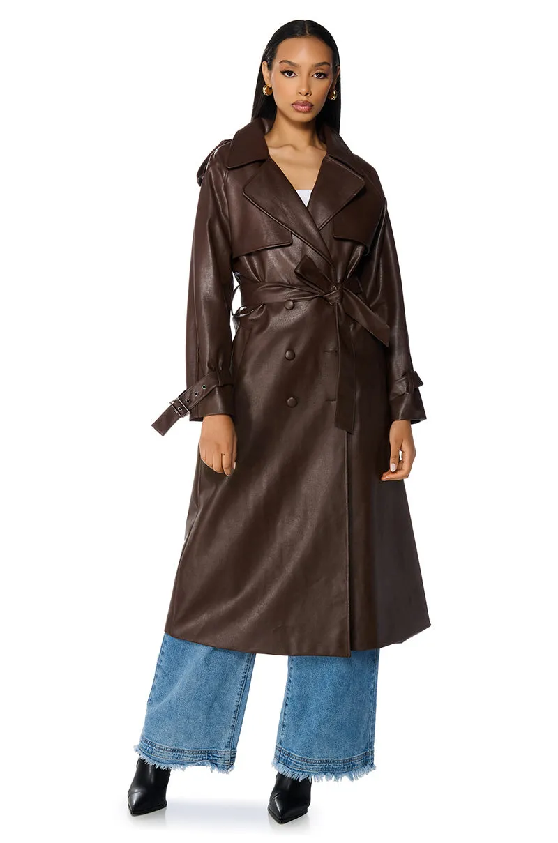 AU REVOIR FAUX LEATHER TRENCH IN BROWN