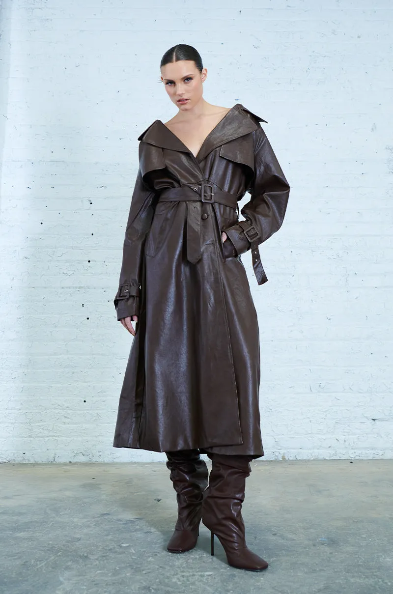 AU REVOIR FAUX LEATHER TRENCH IN BROWN