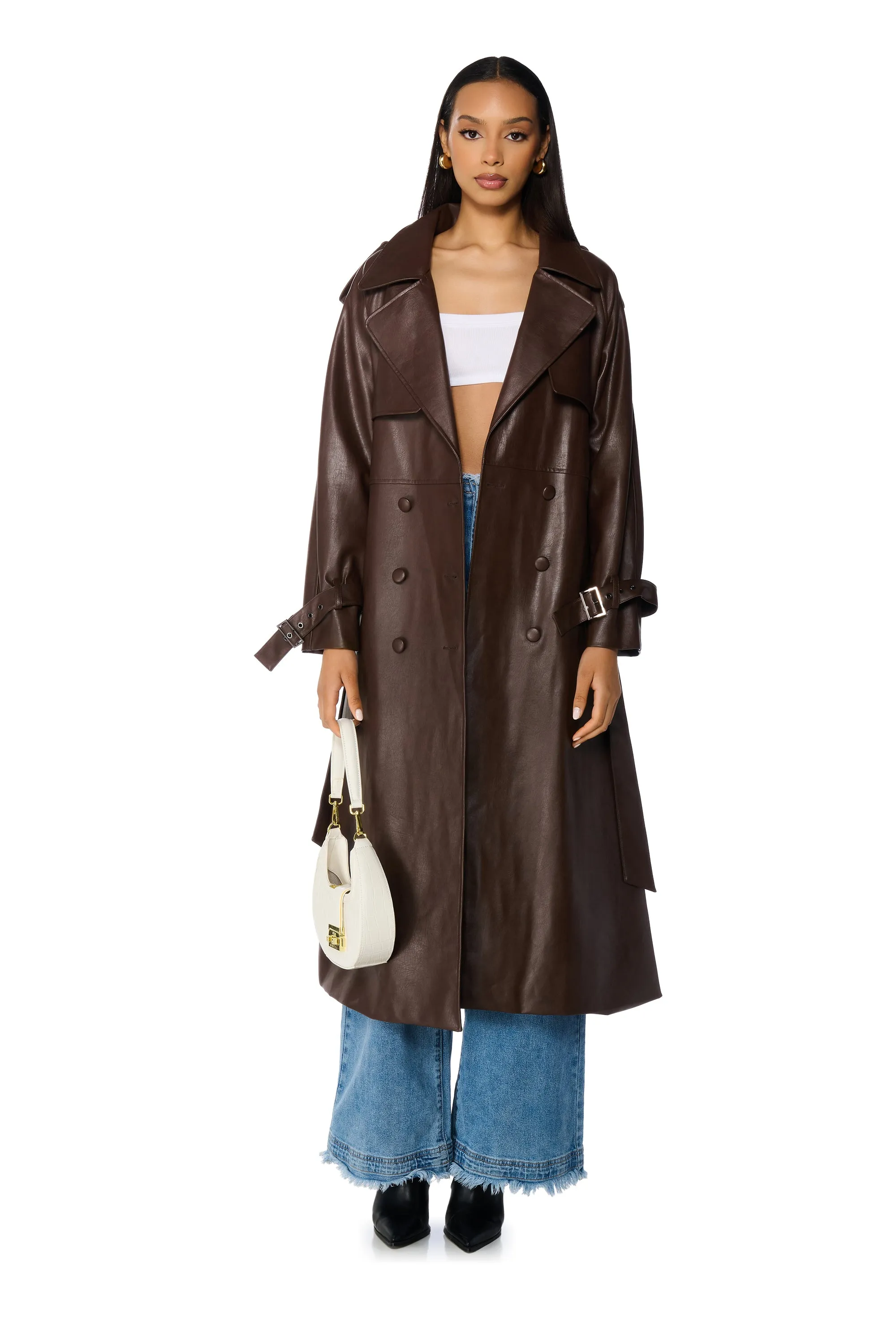 AU REVOIR FAUX LEATHER TRENCH IN BROWN