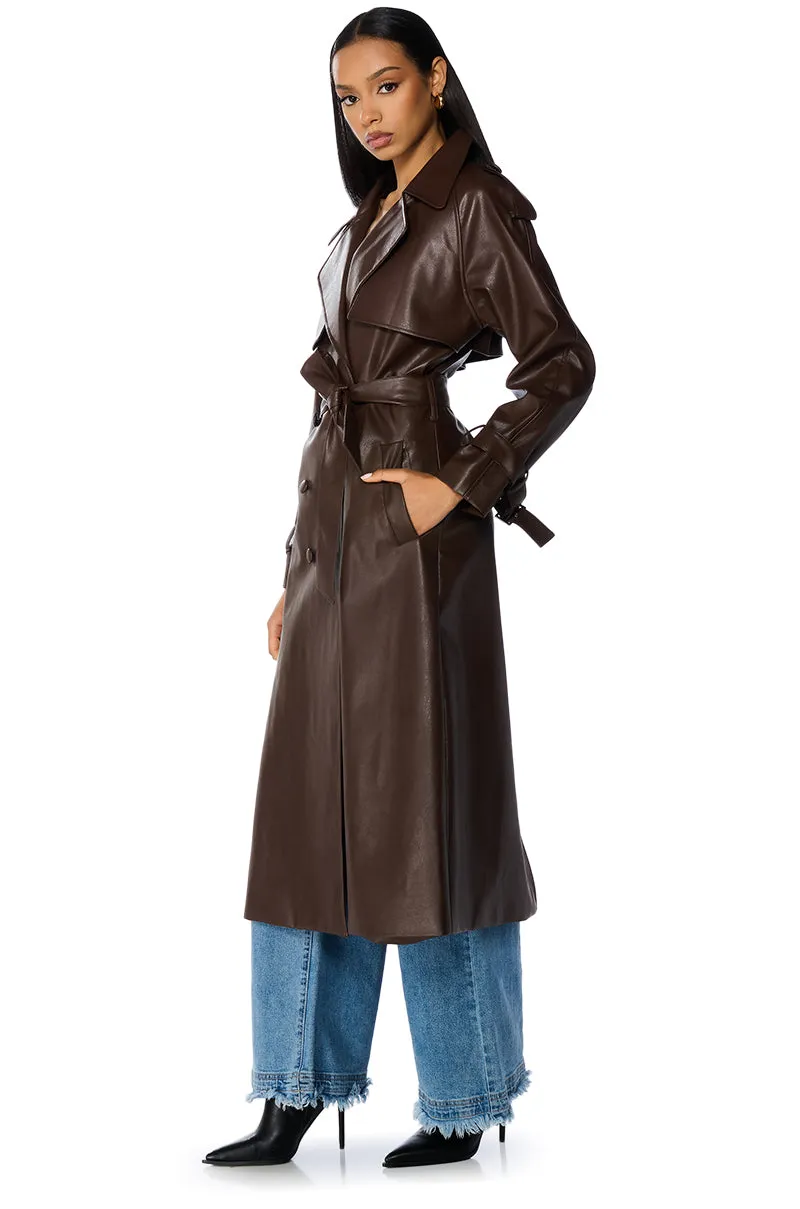 AU REVOIR FAUX LEATHER TRENCH IN BROWN