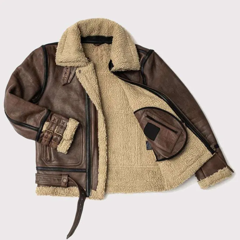 Aviator Brown Shearling Leather Jacket for Men