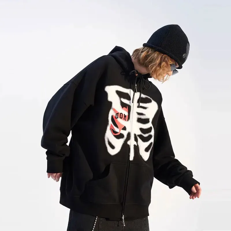 Back To School Joskaa Harajuku Solid Color Retro Zip-up Y2K Anime Gothic Hoodies Korean Style Loose Skull Print Goth Grunge Long-sleeved Hooded Coats