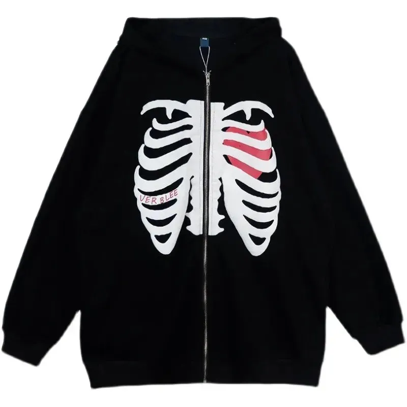 Back To School Joskaa Harajuku Solid Color Retro Zip-up Y2K Anime Gothic Hoodies Korean Style Loose Skull Print Goth Grunge Long-sleeved Hooded Coats