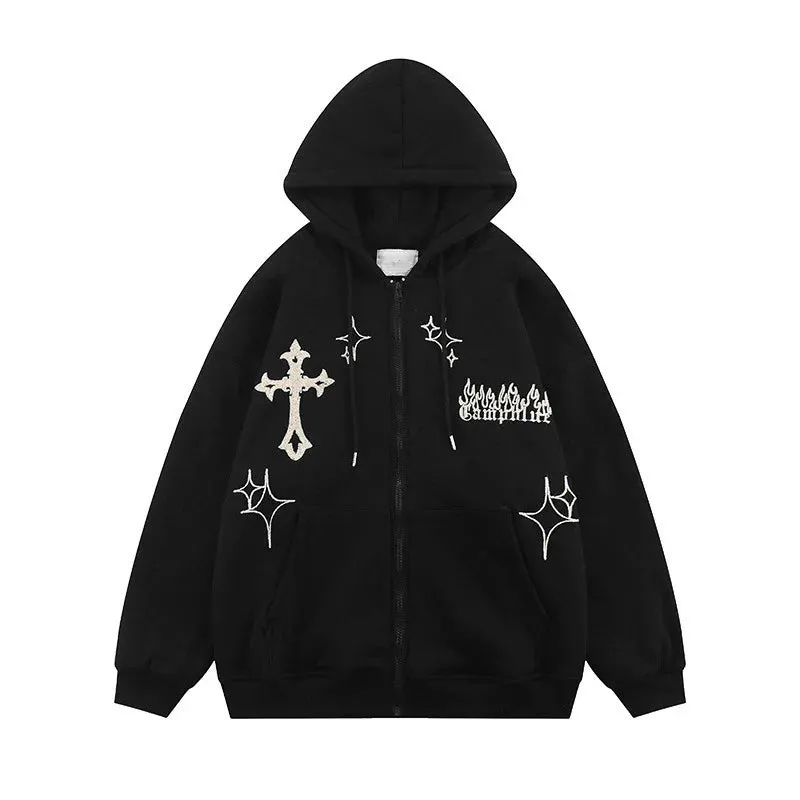 Back To School Joskaa Y2K Aesthetic Vintage Slim Sweatshirts Embroidery Graphic Pattern Zip Up Hoodies 2000s Retro Grunge Mall Goth Jacket Autumn Coat