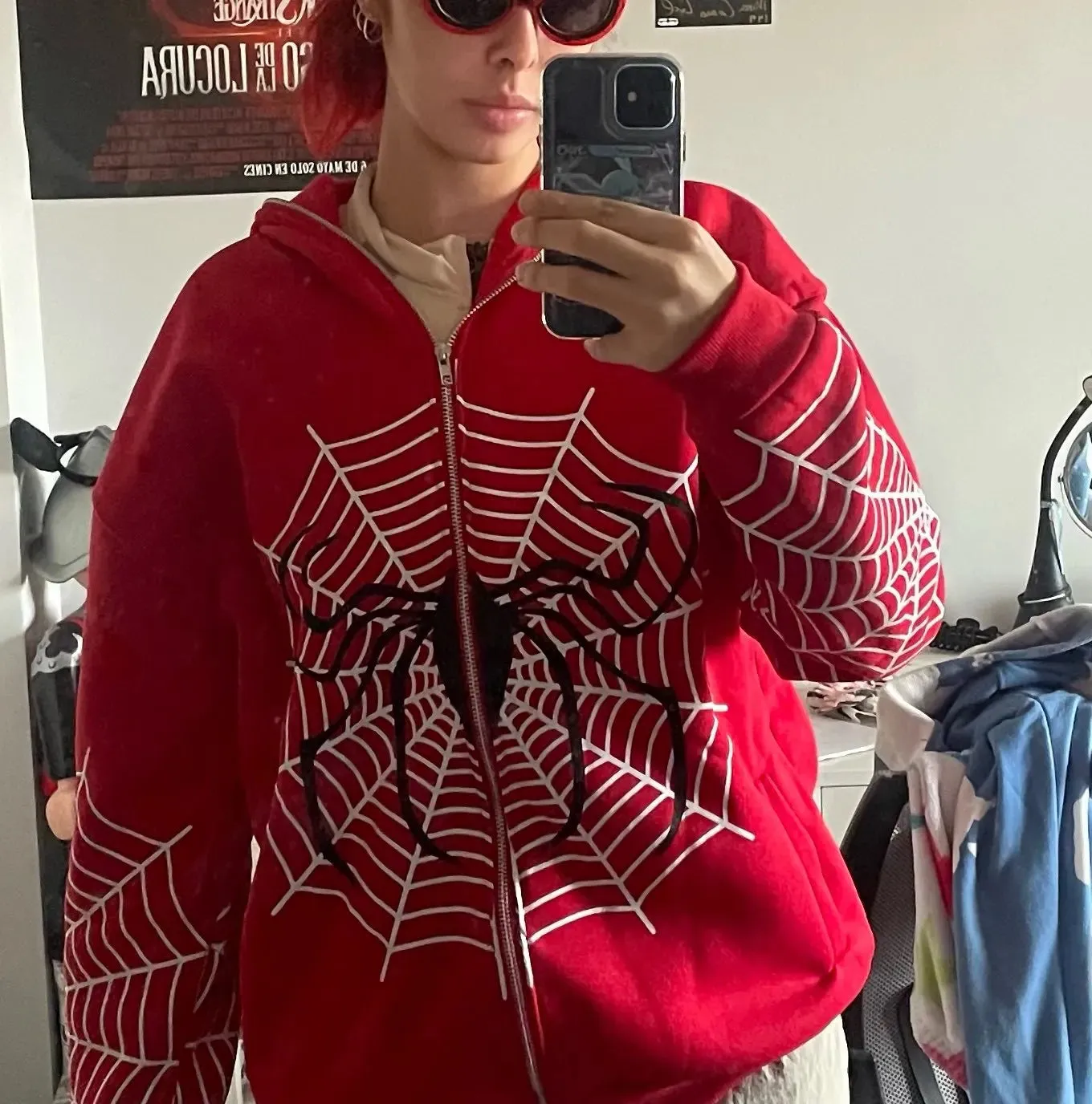 Back To School Joskaa Y2k Spider Web Graphic Red Warm Hoodies Harajuku Vintage Grunge Zip Up Hoodie Unisex Gothic Loose Sweatshirt Jacket Men Clothing