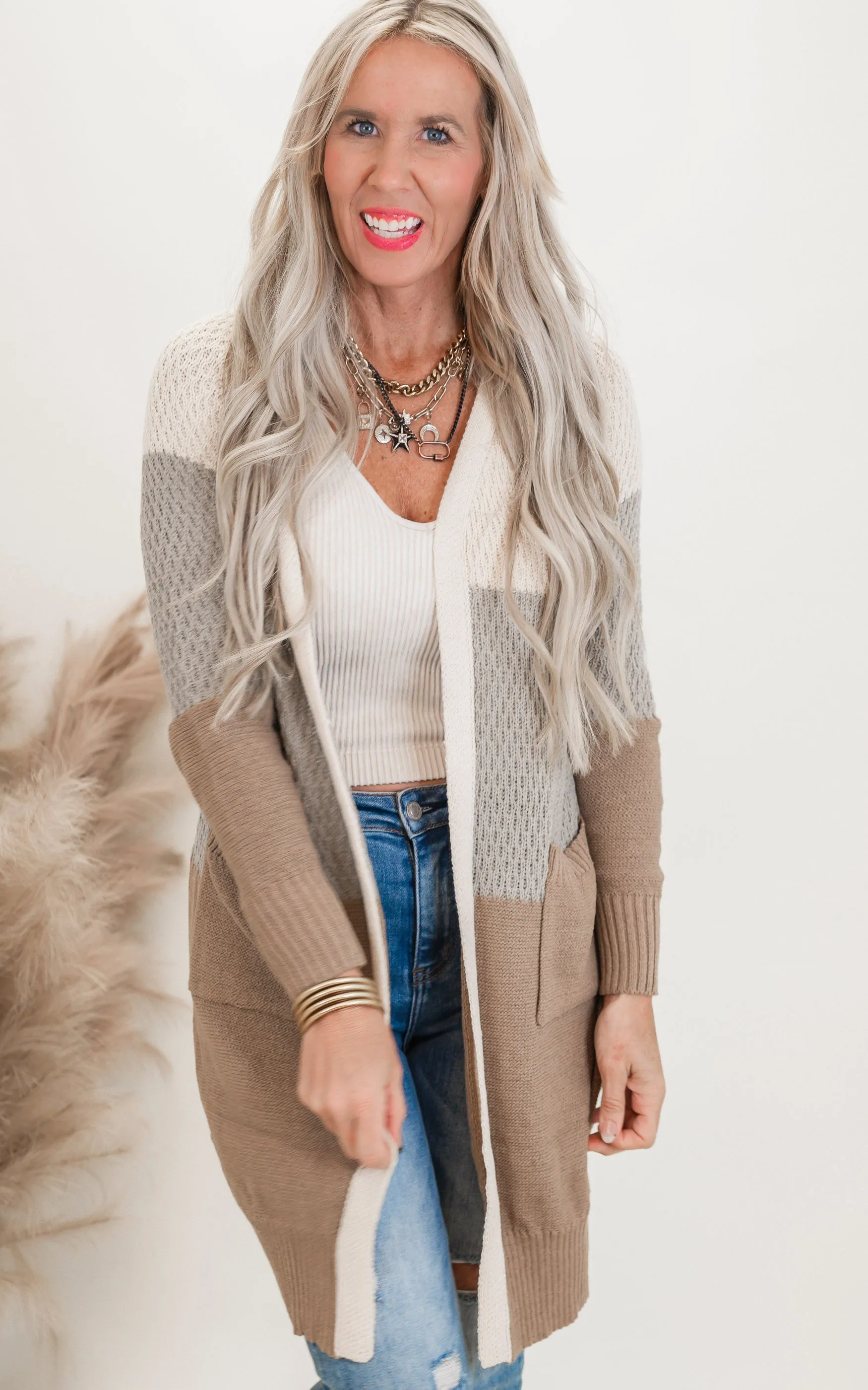 Beige Colorblock Long Sweater Cardigan