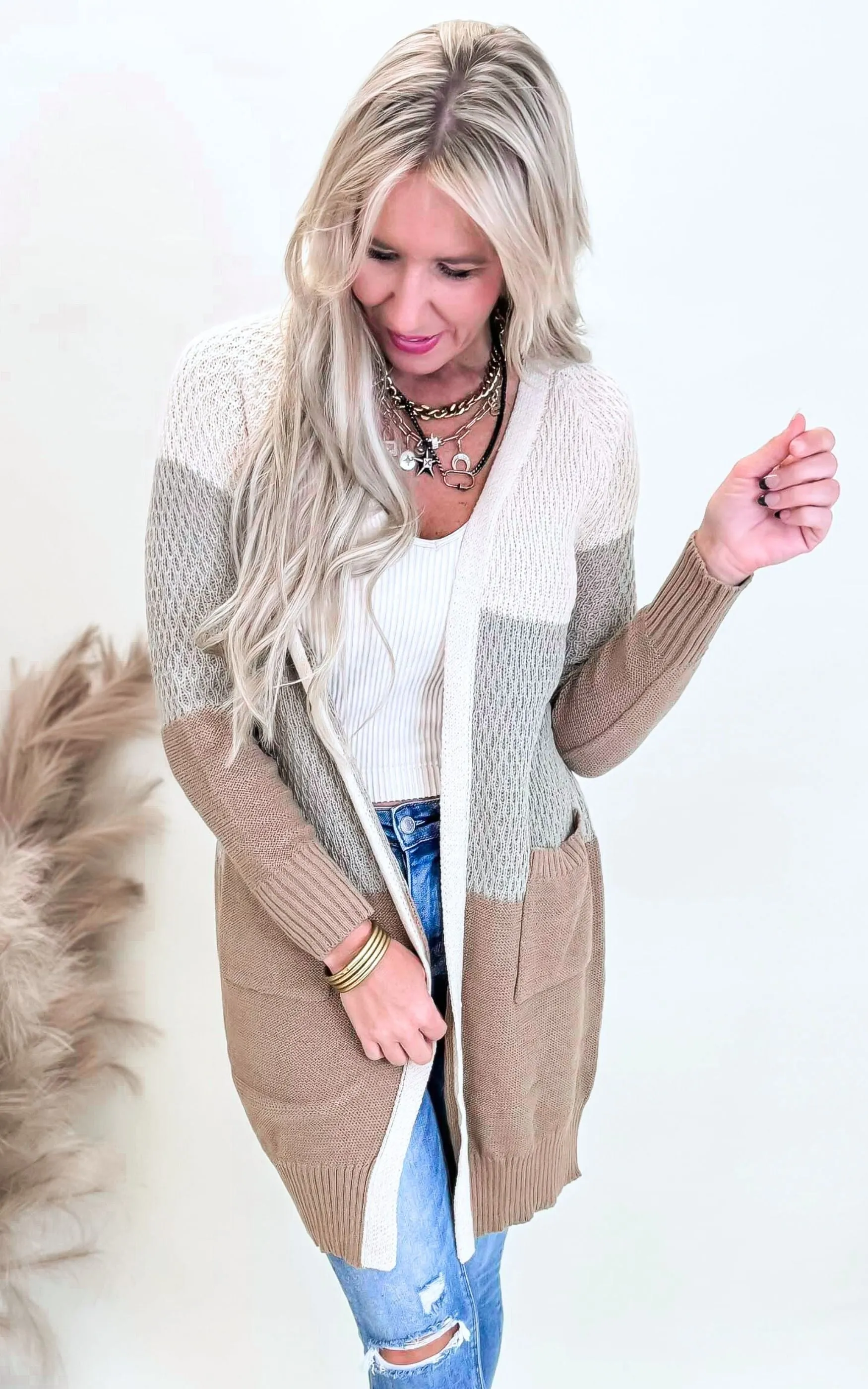 Beige Colorblock Long Sweater Cardigan