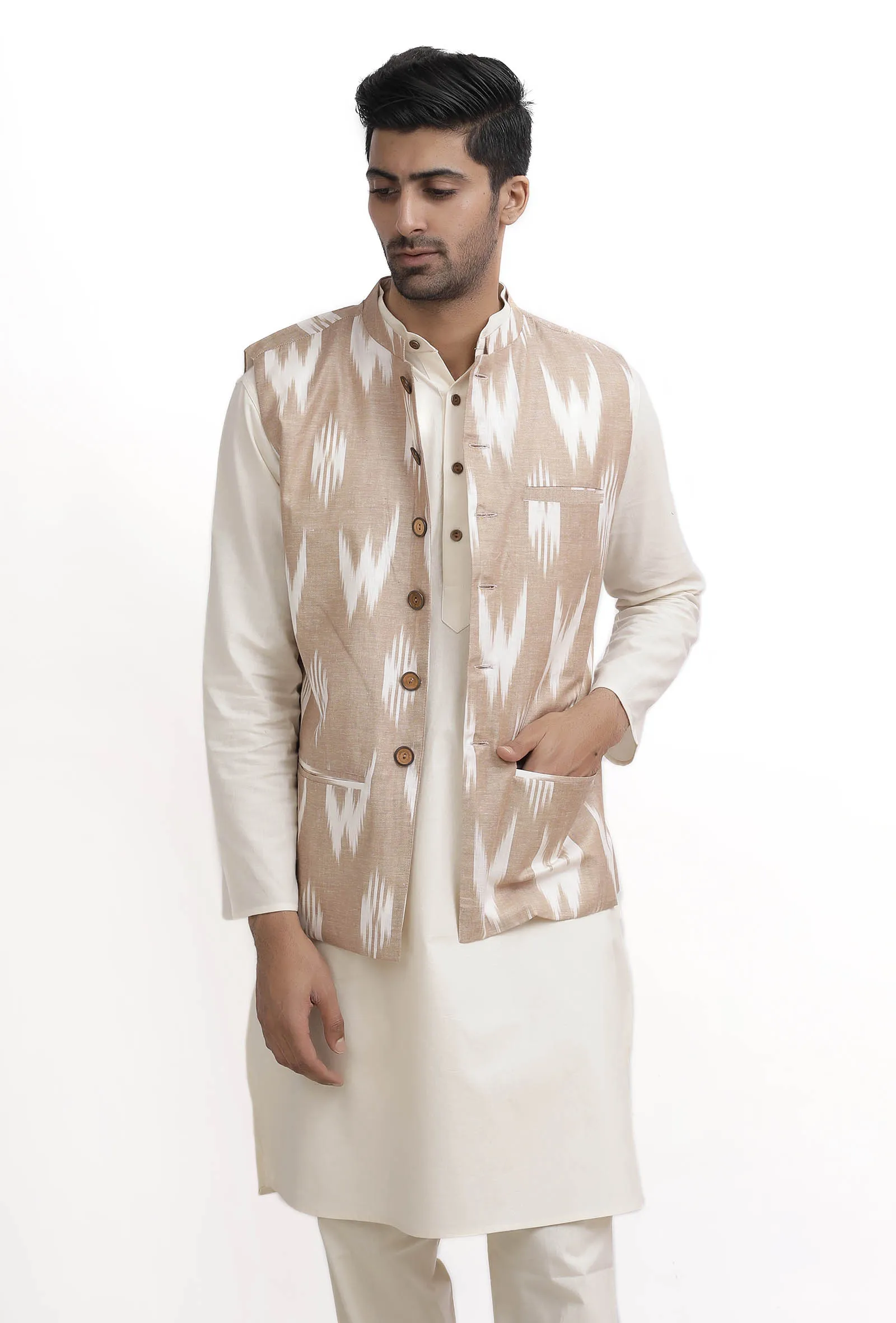 Beige Ikat Nehru Jacket