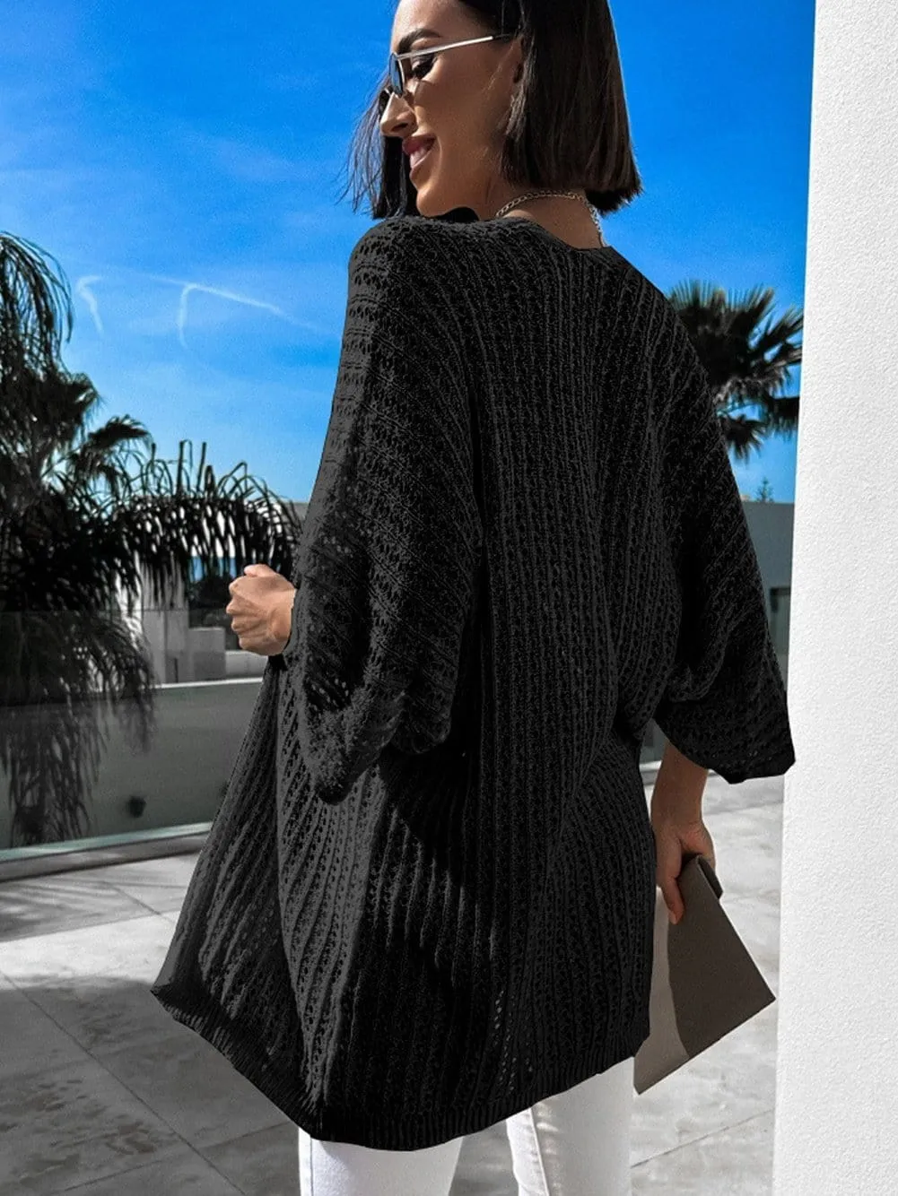 Bohemian Style Black Knit Kimono Cardigan with Hollow-out Design