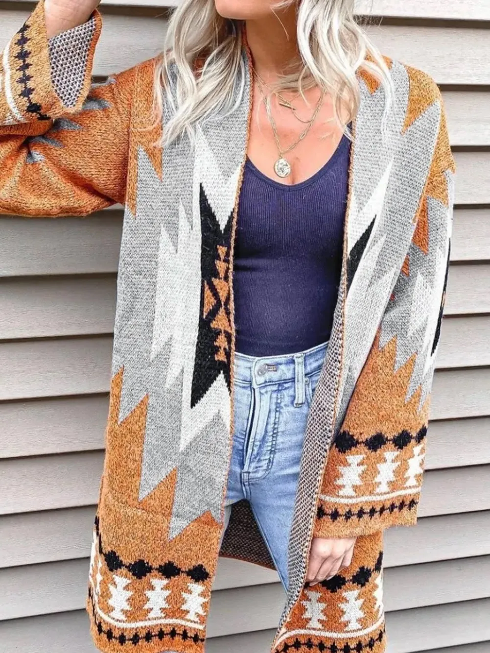 Bold Aztec Graphic Knit Open-Front Cardigan