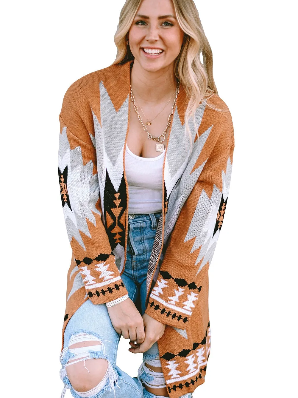 Bold Aztec Graphic Knit Open-Front Cardigan