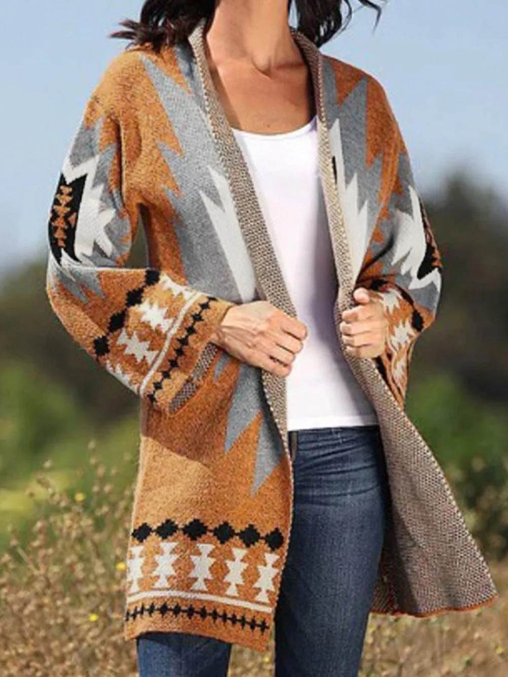 Bold Aztec Graphic Knit Open-Front Cardigan