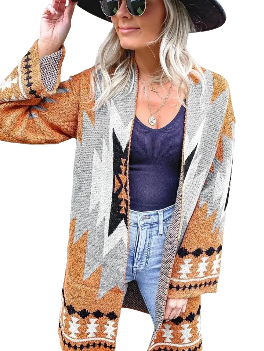 Bold Aztec Graphic Knit Open-Front Cardigan