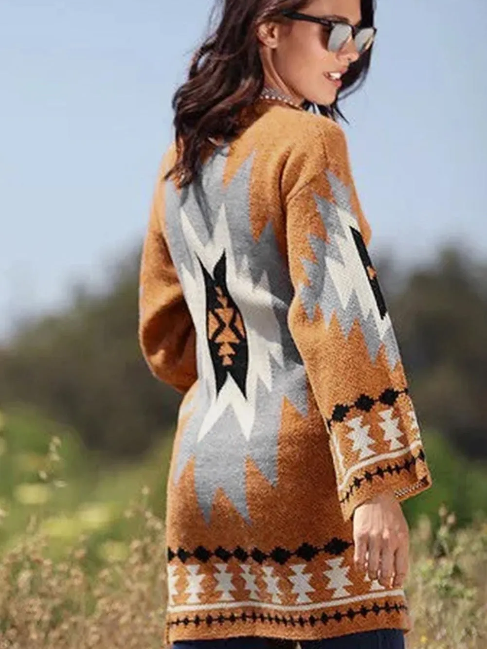 Bold Aztec Graphic Knit Open-Front Cardigan