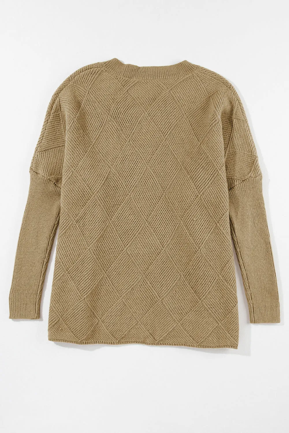 Camel Oversized V-Neck Checkered Batwing Sweater