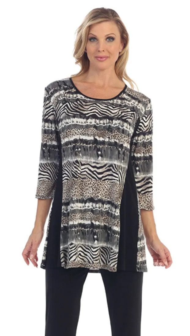 Caribe - Animal Print, Black Side Trim, 3/4 Sleeve, Scoop Neck Long Tunic