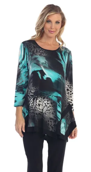 Caribe - Blue Leopard Print, Black Trim Bottom 3/4 Sleeve Scoop Neck Swing Tunic