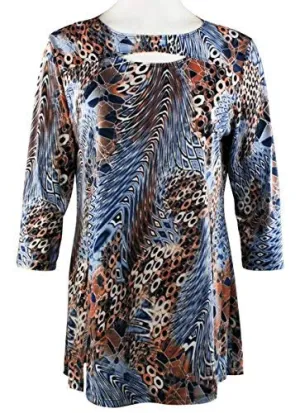 Caribe - Cool Breeze, Geometric Print Under Collar Cut 3/4 Sleeve Scoop Neck Tunic