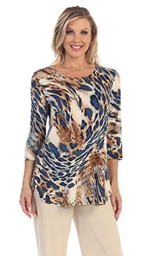 Caribe - Safari Quest, Dual Pockets, Hi-Lo Hem 3/4 Sleeve Scoop Neck Swing Tunic