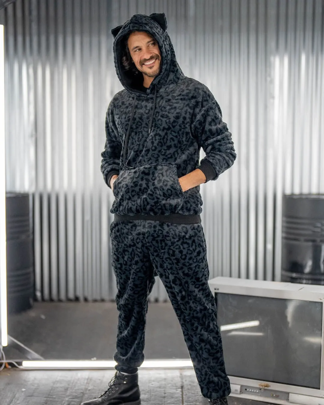 Classic Men's Fur Hoodie | Slate Black Leopard