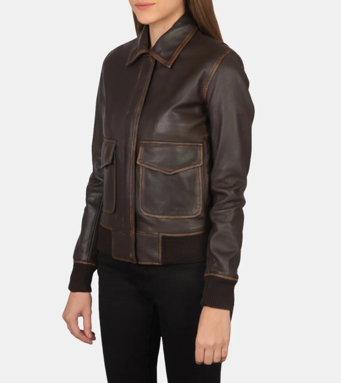 Denzel Women's Brown Distressed Bomber Leather Jacket