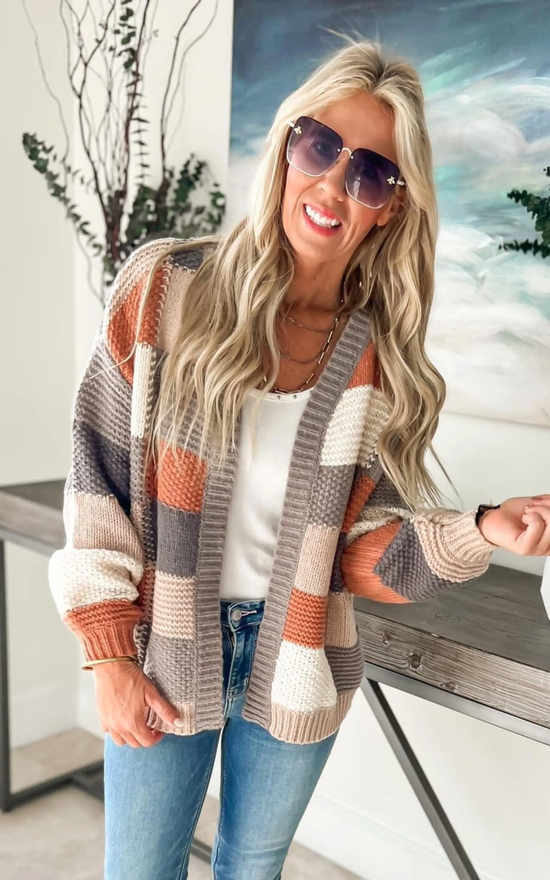 Feeling Fall Checker Colorblock Cardigan -Taupe - Final Sale