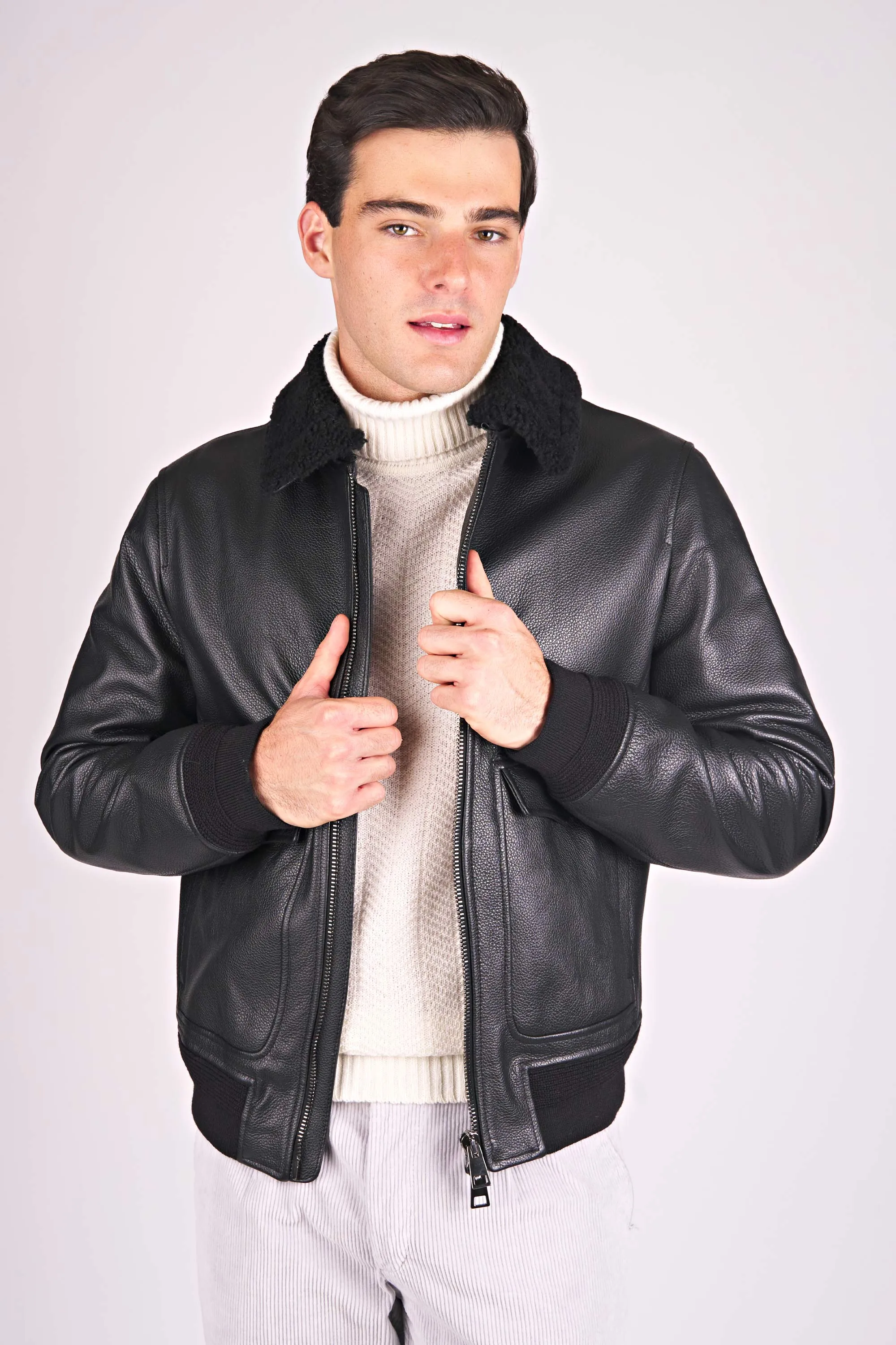 Full-Grain Leather Aviator Jacket with Shearling Lining