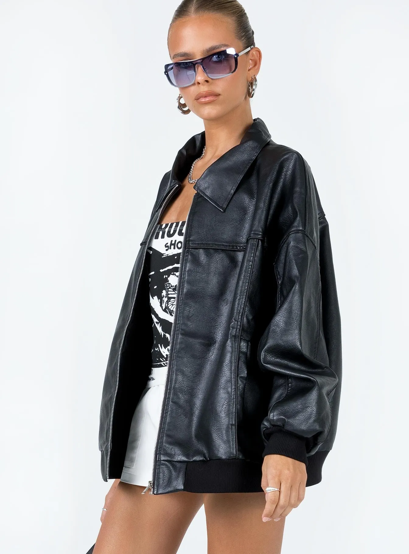 Goldsmith Faux Leather Bomber Jacket Black