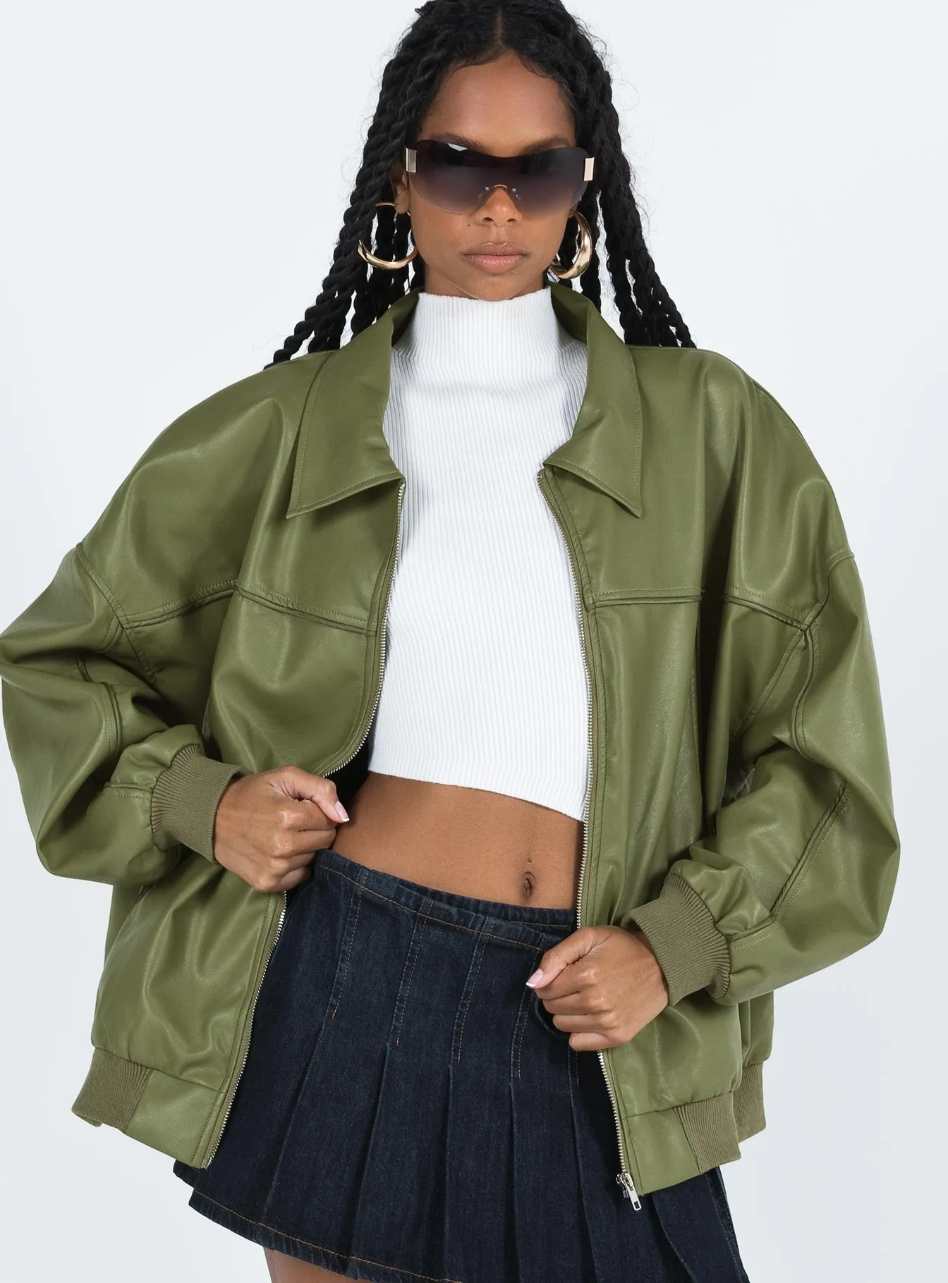 Goldsmith Faux Leather Bomber Jacket Green