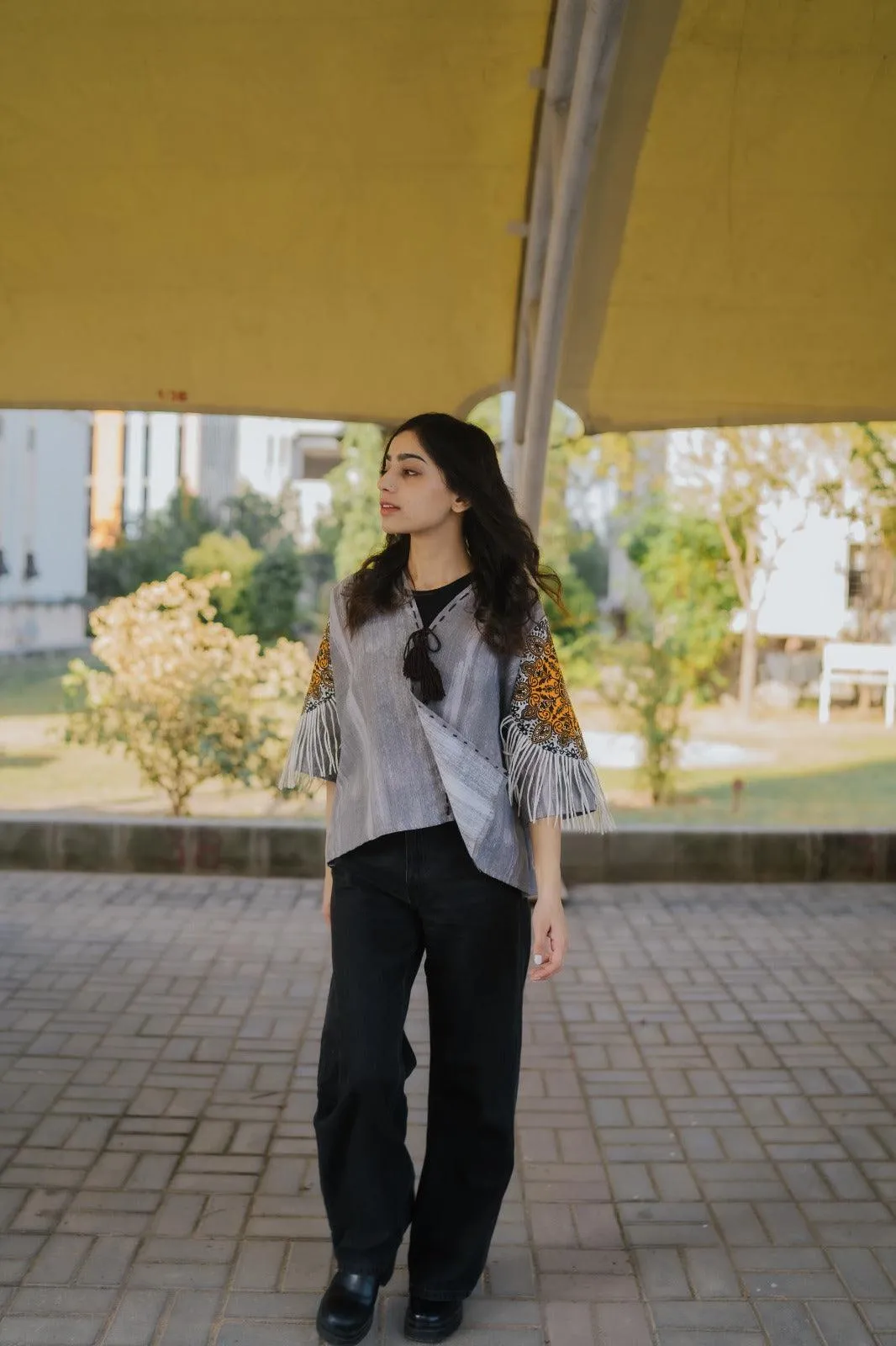 Gray Handmade Cardigan with Unique Motifs and Tassels