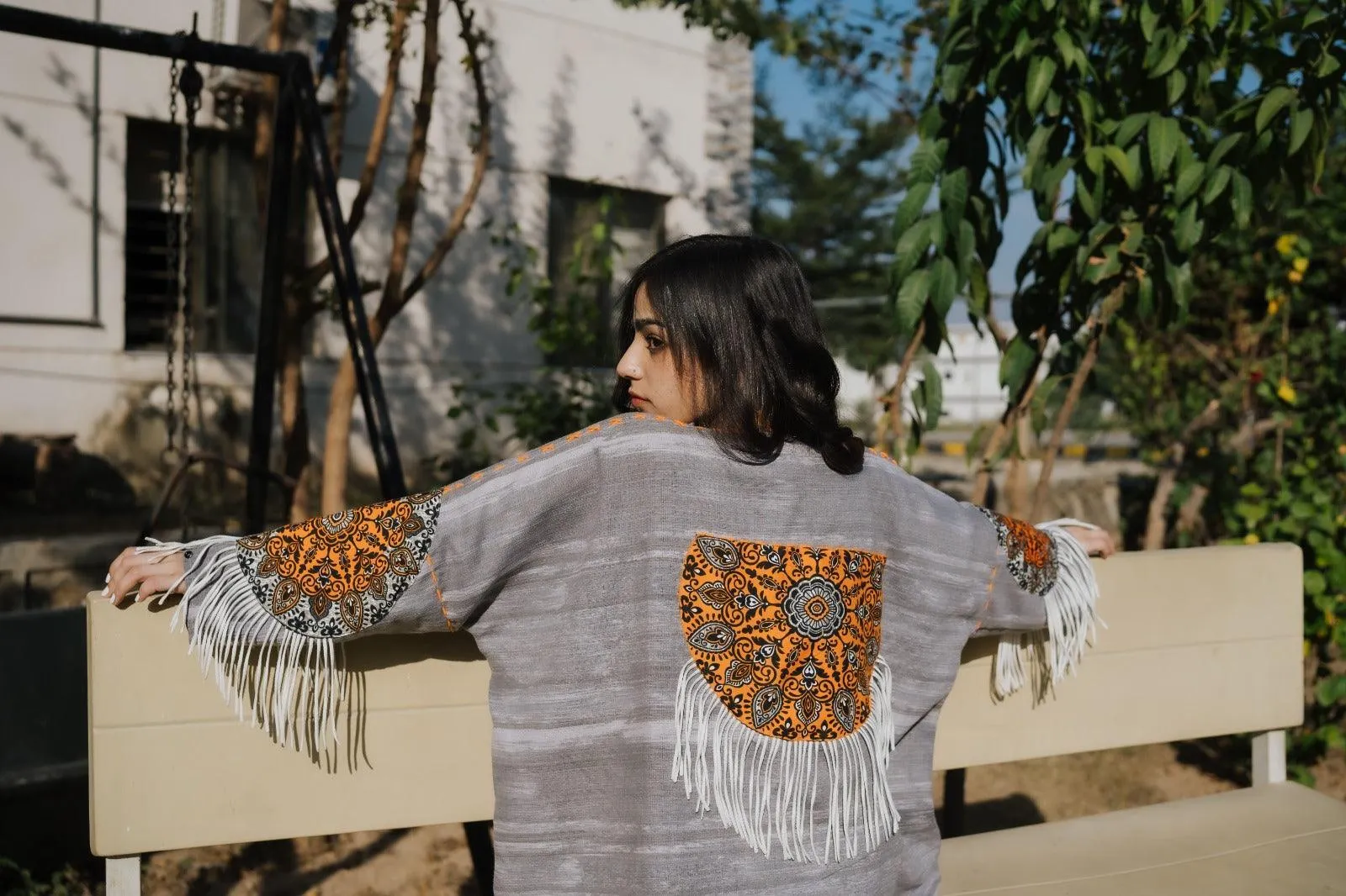 Gray Handmade Cardigan with Unique Motifs and Tassels