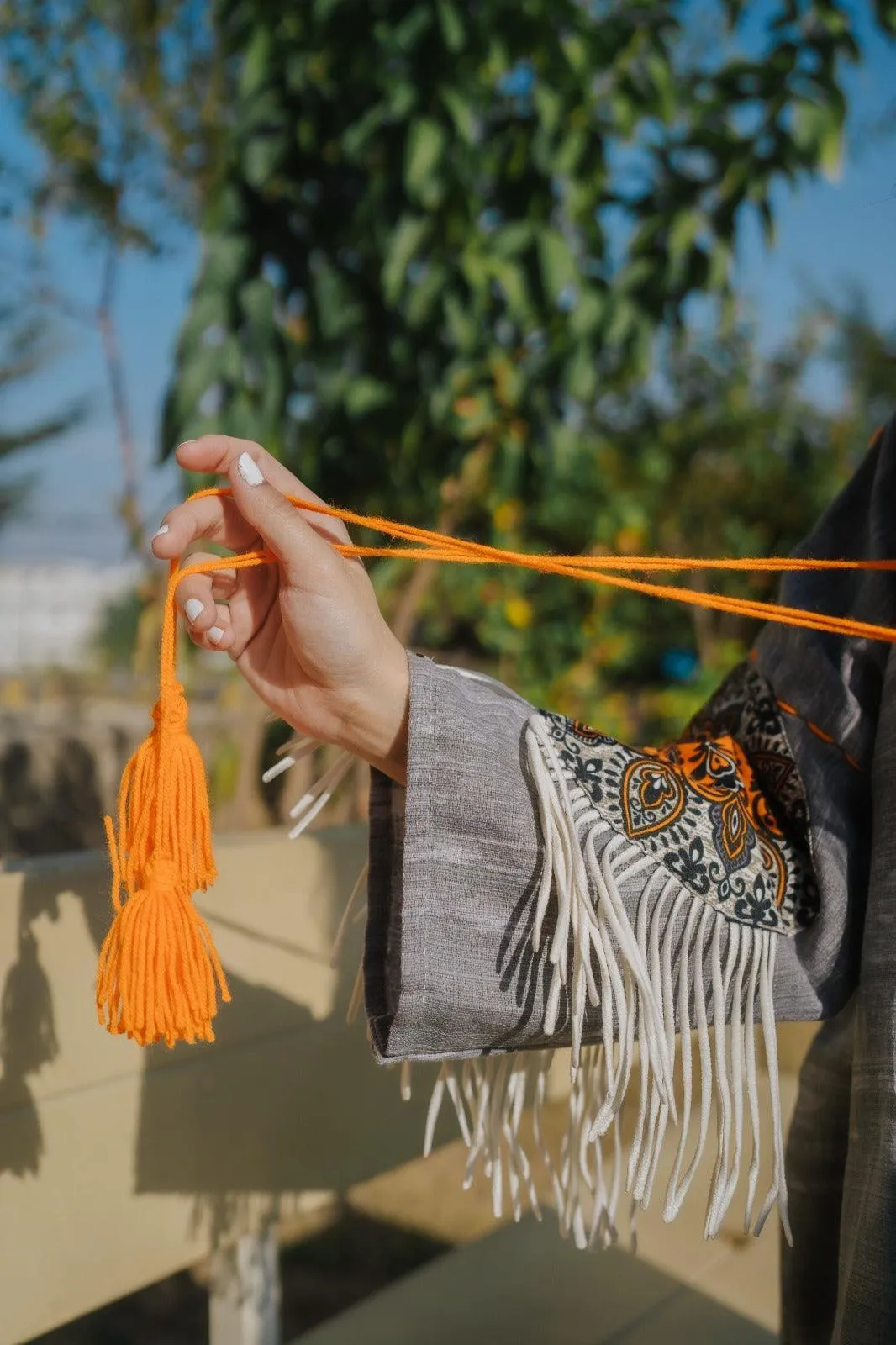 Gray Handmade Cardigan with Unique Motifs and Tassels