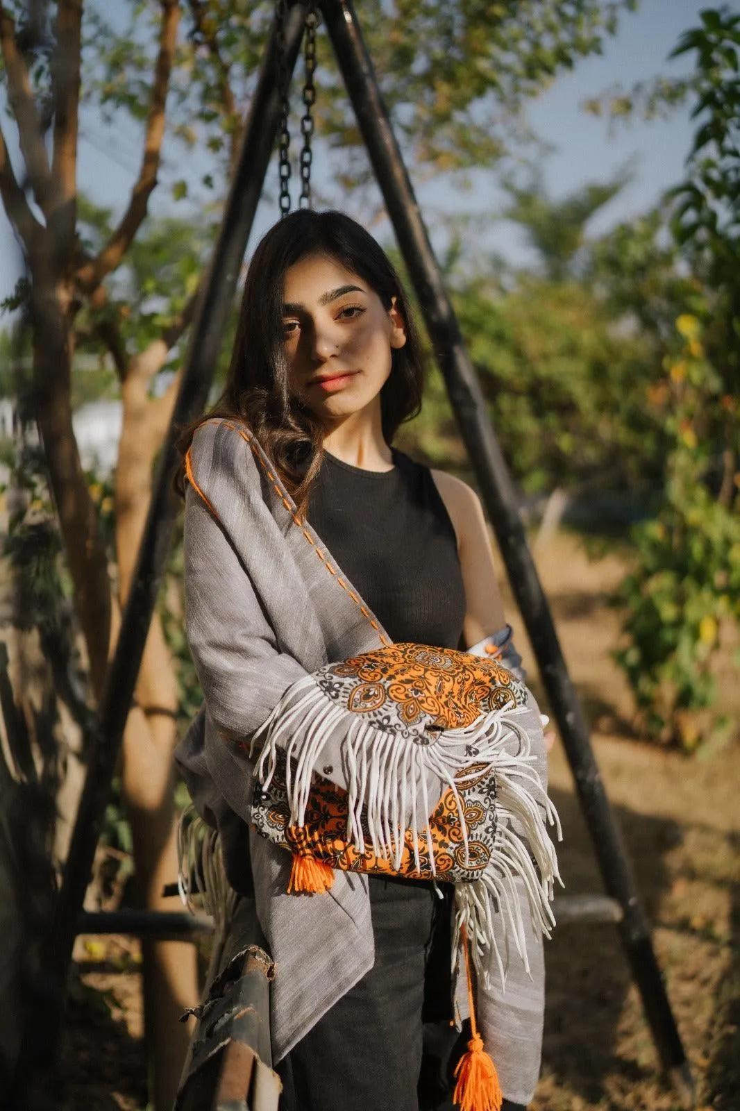 Gray Handmade Cardigan with Unique Motifs and Tassels