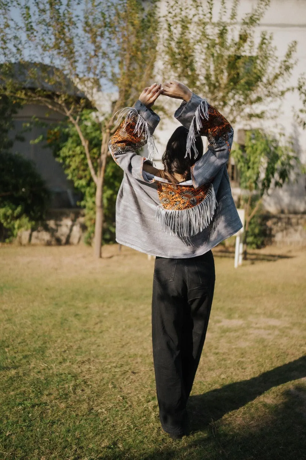 Gray Handmade Cardigan with Unique Motifs and Tassels