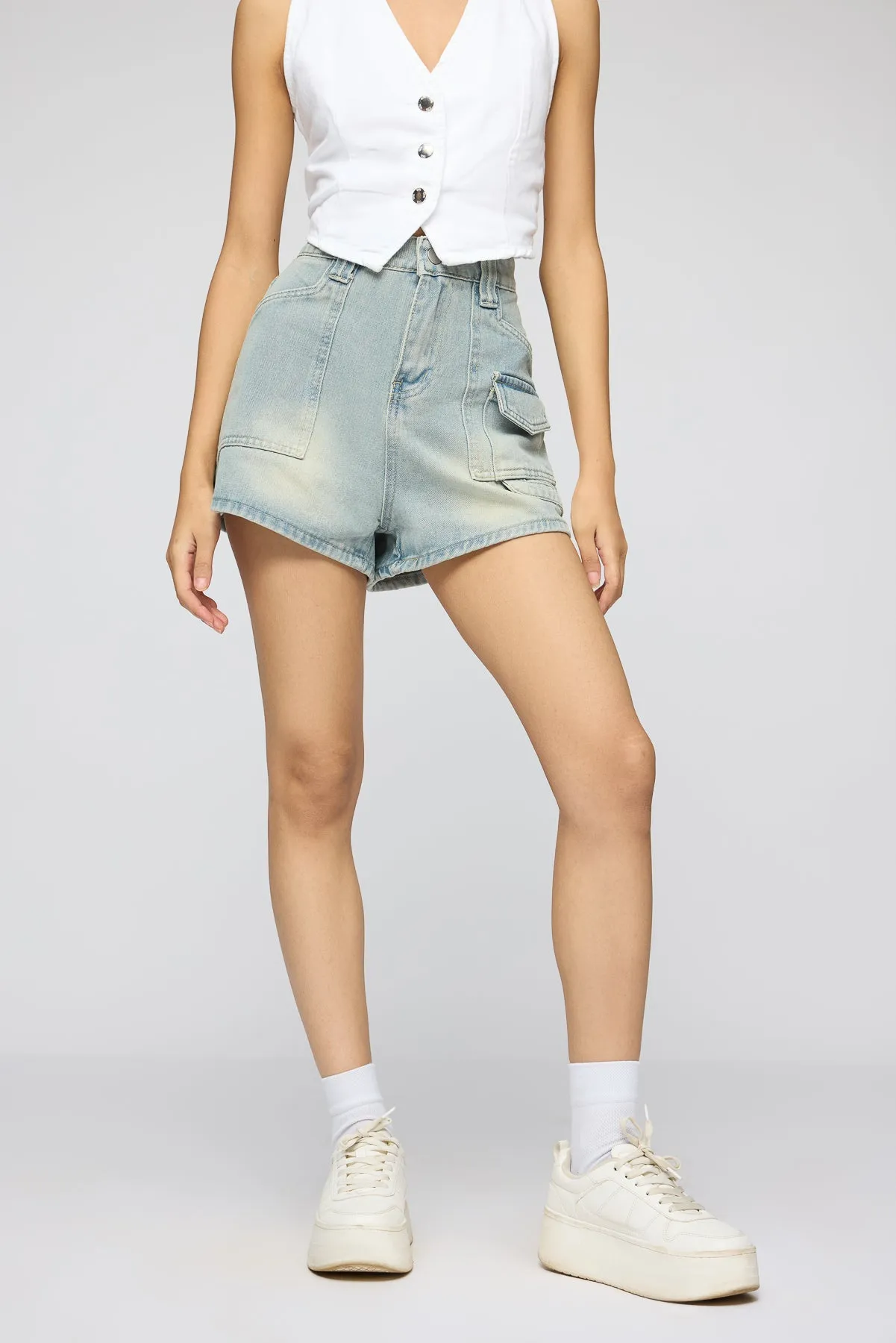 Hazy Blue Wide Leg Denim Shorts