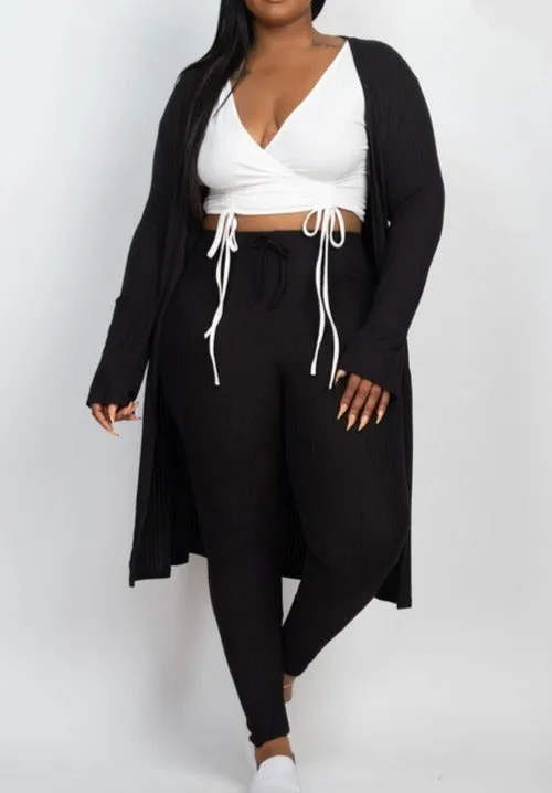 Hi Curvy Plus Size Women Ribbed Long Cardigan & Leggings Set