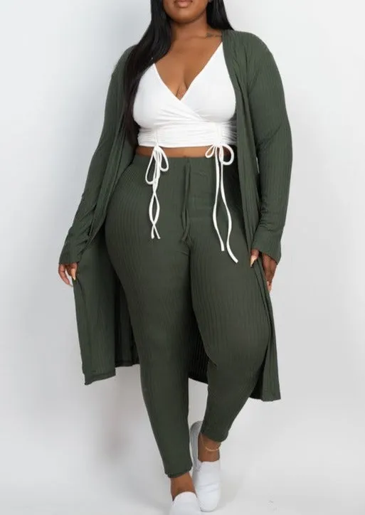 Hi Curvy Plus Size Women Ribbed Long Cardigan & Leggings Set