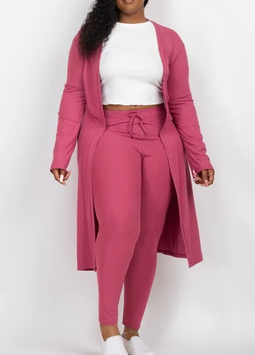 Hi Curvy Plus Size Women Ribbed Long Cardigan & Leggings Set