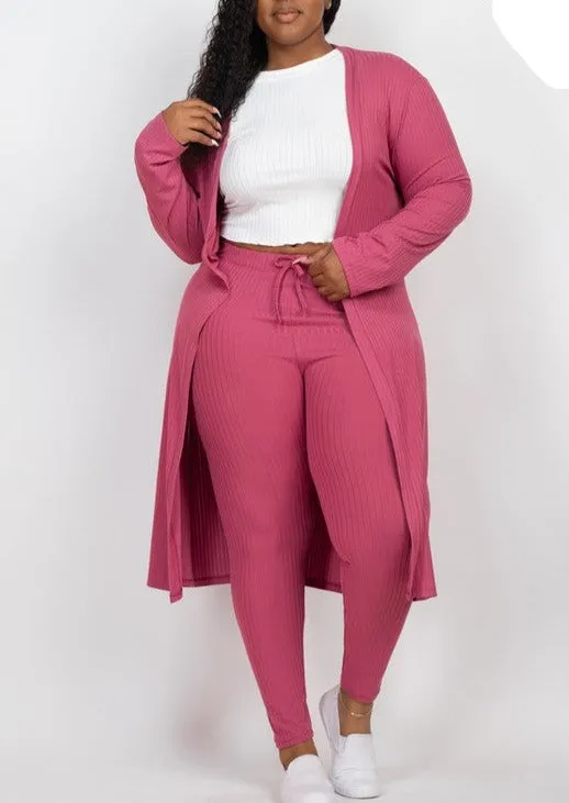 Hi Curvy Plus Size Women Ribbed Long Cardigan & Leggings Set