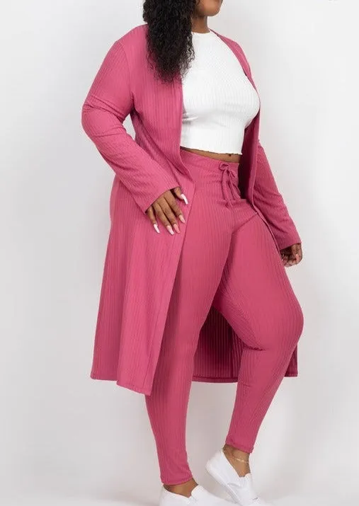 Hi Curvy Plus Size Women Ribbed Long Cardigan & Leggings Set