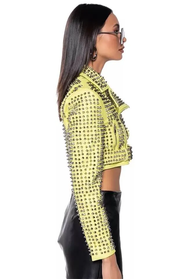 Hot Womens Yellow Punk Brando Studded Leather Biker Jacket