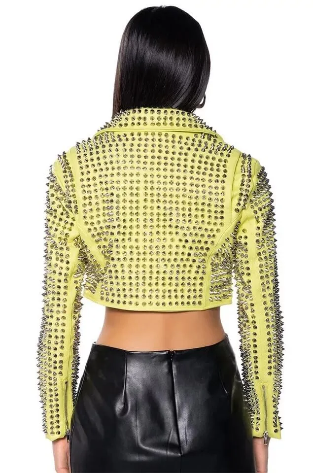 Hot Womens Yellow Punk Brando Studded Leather Biker Jacket