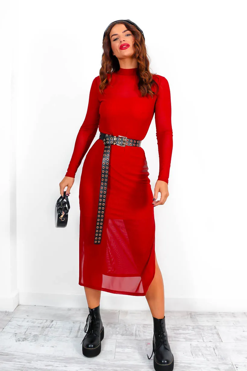 Its Sheer Luck - Wine Long Sleeve Mesh Overlay Midi Dress