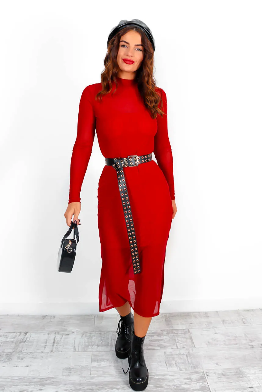 Its Sheer Luck - Wine Long Sleeve Mesh Overlay Midi Dress