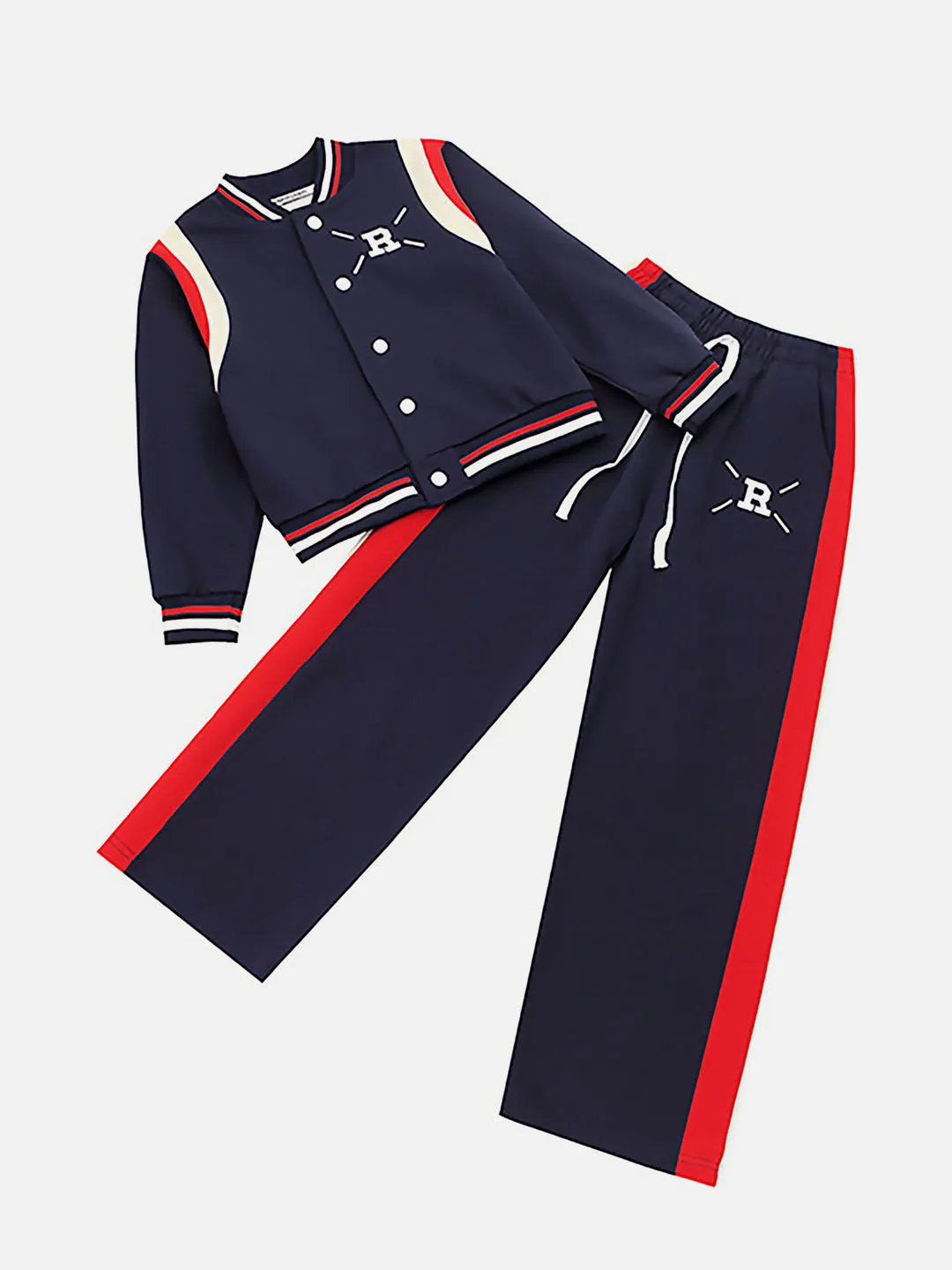 Little Surprise Box,2Pcs Navy With Red And Cream Varsity Style Jacket & Pants For Kids & Tweens