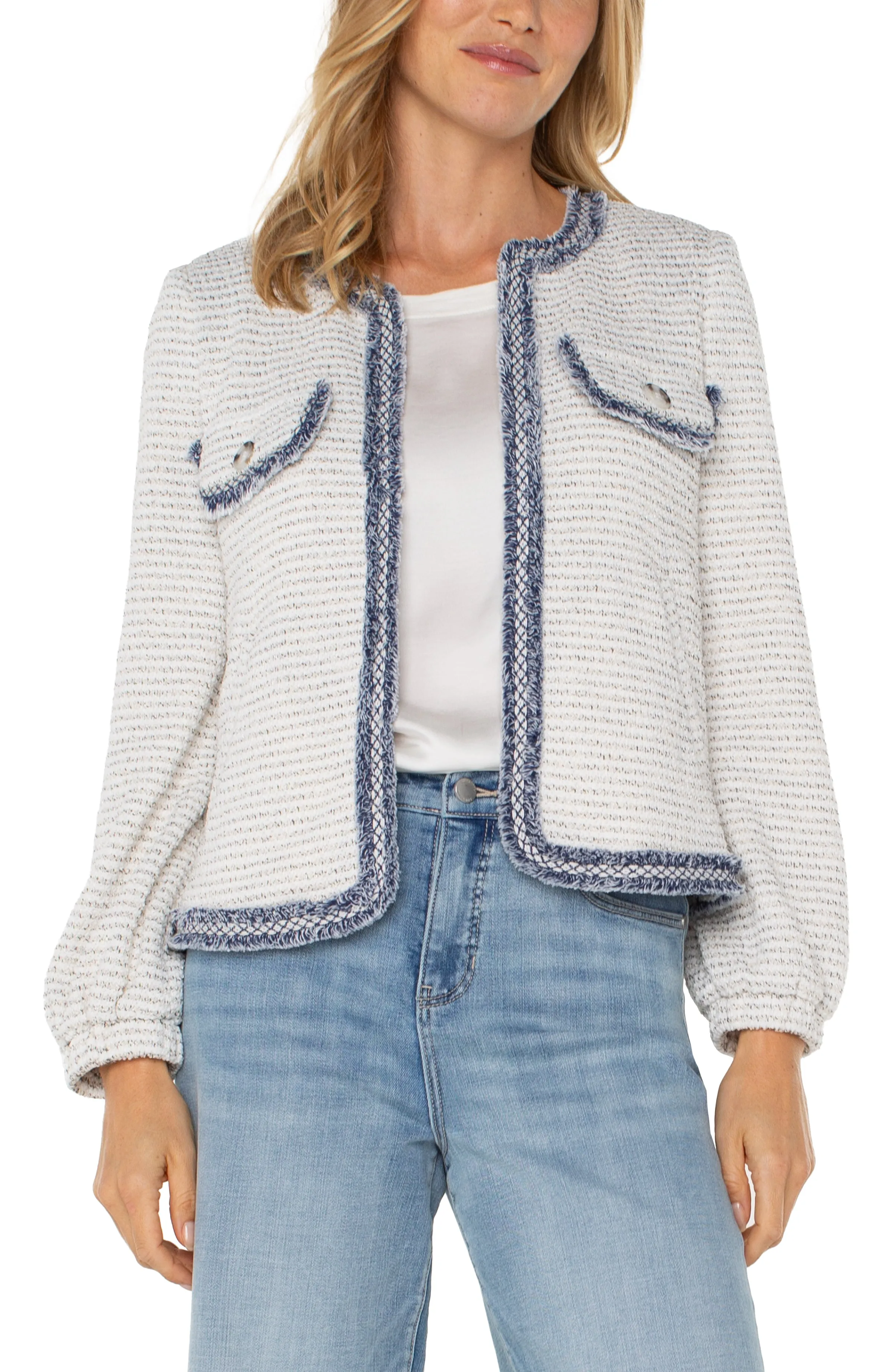 Liverpool Collarless Jacket with Fray Detail (Cream Navy Boucle)